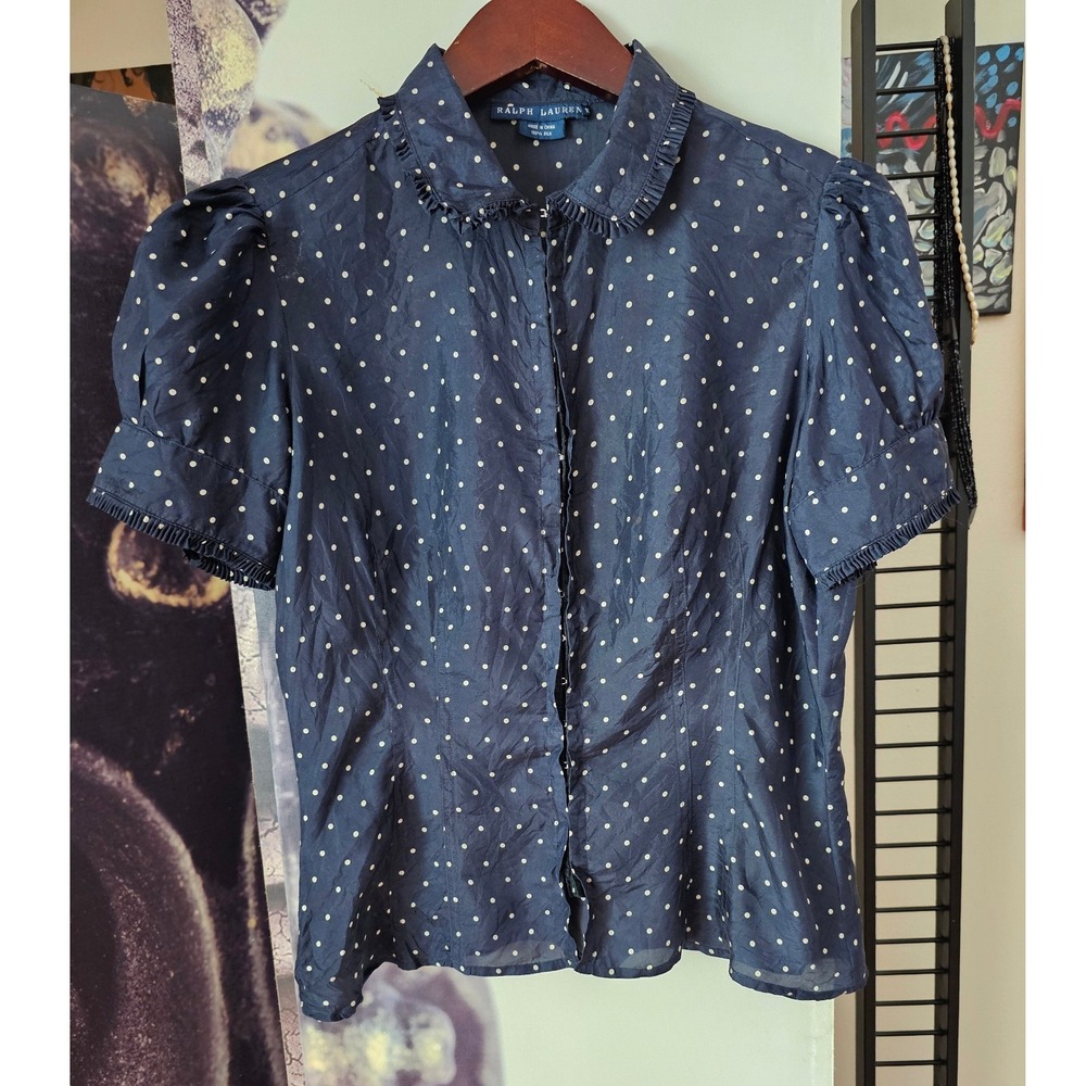 Ralph Lauren Navy Blue Polka Dot 100% Silk Ruffle Collar Puff Sleeve Blouse 10